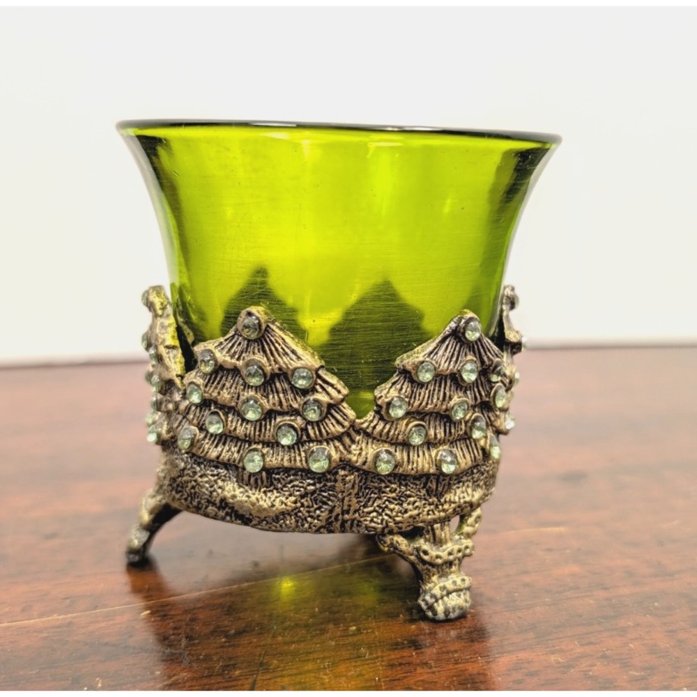 Christmas Tree Votive Candle Holder Green Glass Rhinestone Jeweled Metal DL OPC